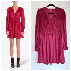 NEW The Kooples Long Sleeve Ruffle VNeck Shirred Mini Dress in Burgundy Red Sz S